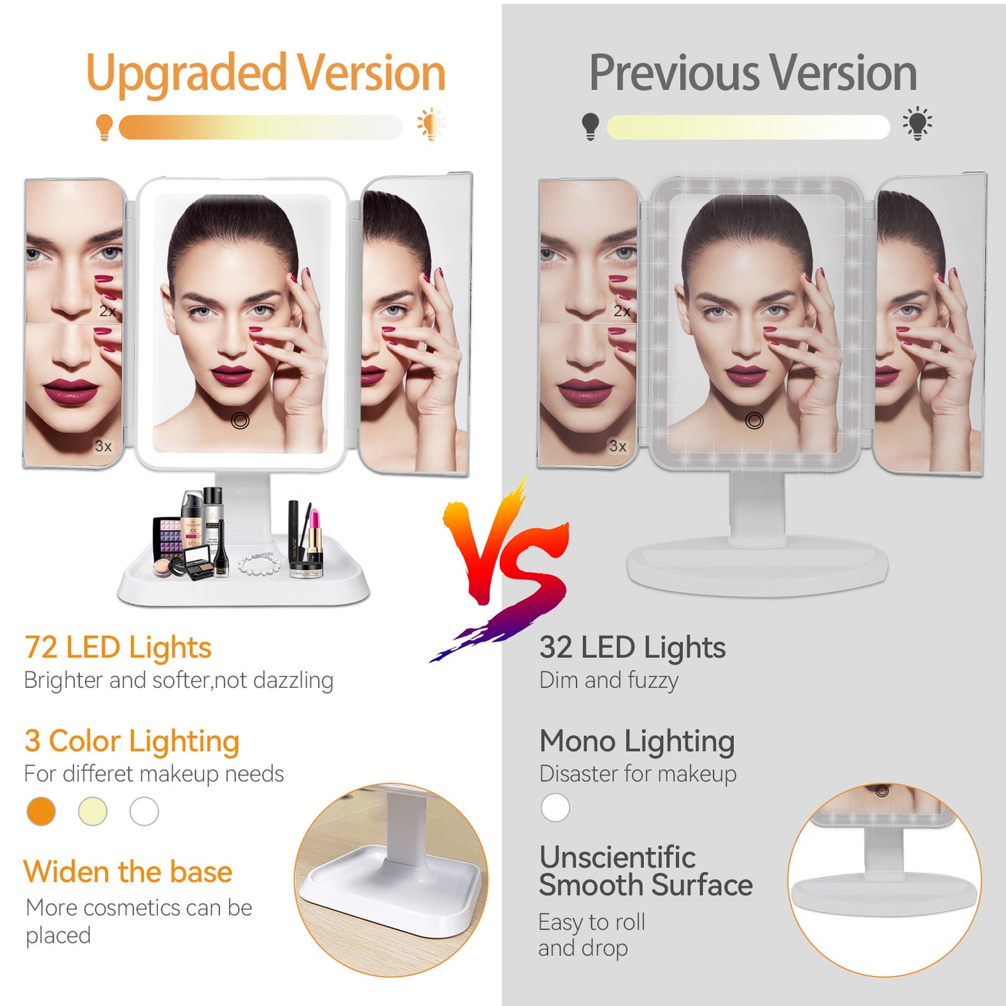 Makeup Mirror Vanity Mirror with Lights - 3 Color Lighting Modes 68 LED Trifold Mirror, 1x/2x/3x Magnification, Touch Control Design, Portable High Definition Cosmetic Lighted Up Mirror