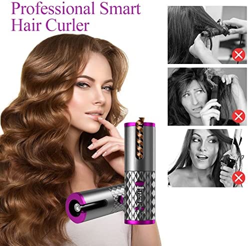 Automatic Curling Iron, Cordless Auto Hair Curler, Ceramic Rotating Hair Curler with 6 Temps & Timers, Portable Rechargeable Curling Wand, Auto Shut-Off, Fast Heating Iron for Styling