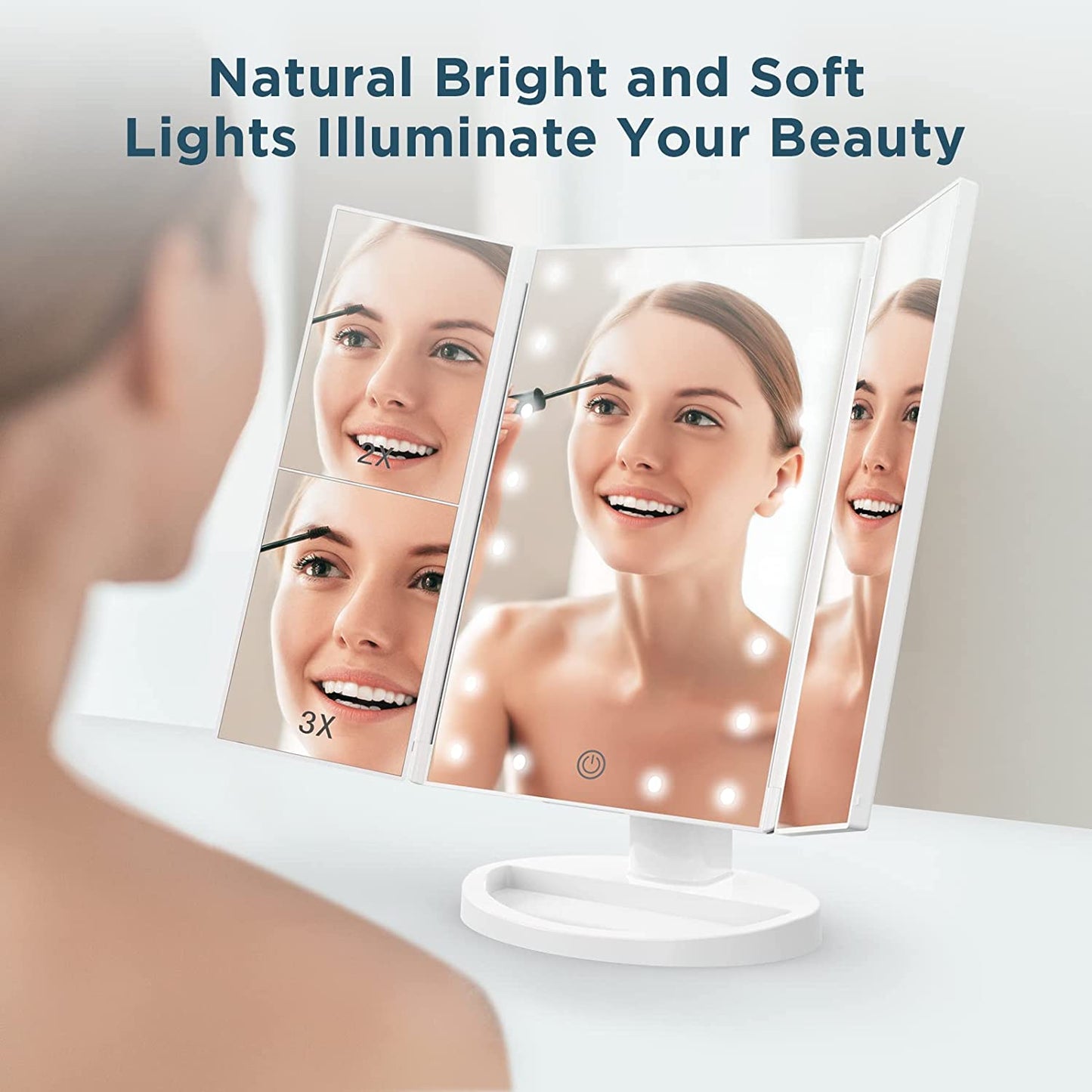 Elecsop Makeup Mirror Vanity Mirror with 22 LED Lights, Touch Screen 3X/2X/1X Magnification, Lighted Makeup Mirror, Trifold Makeup Mirror(White)