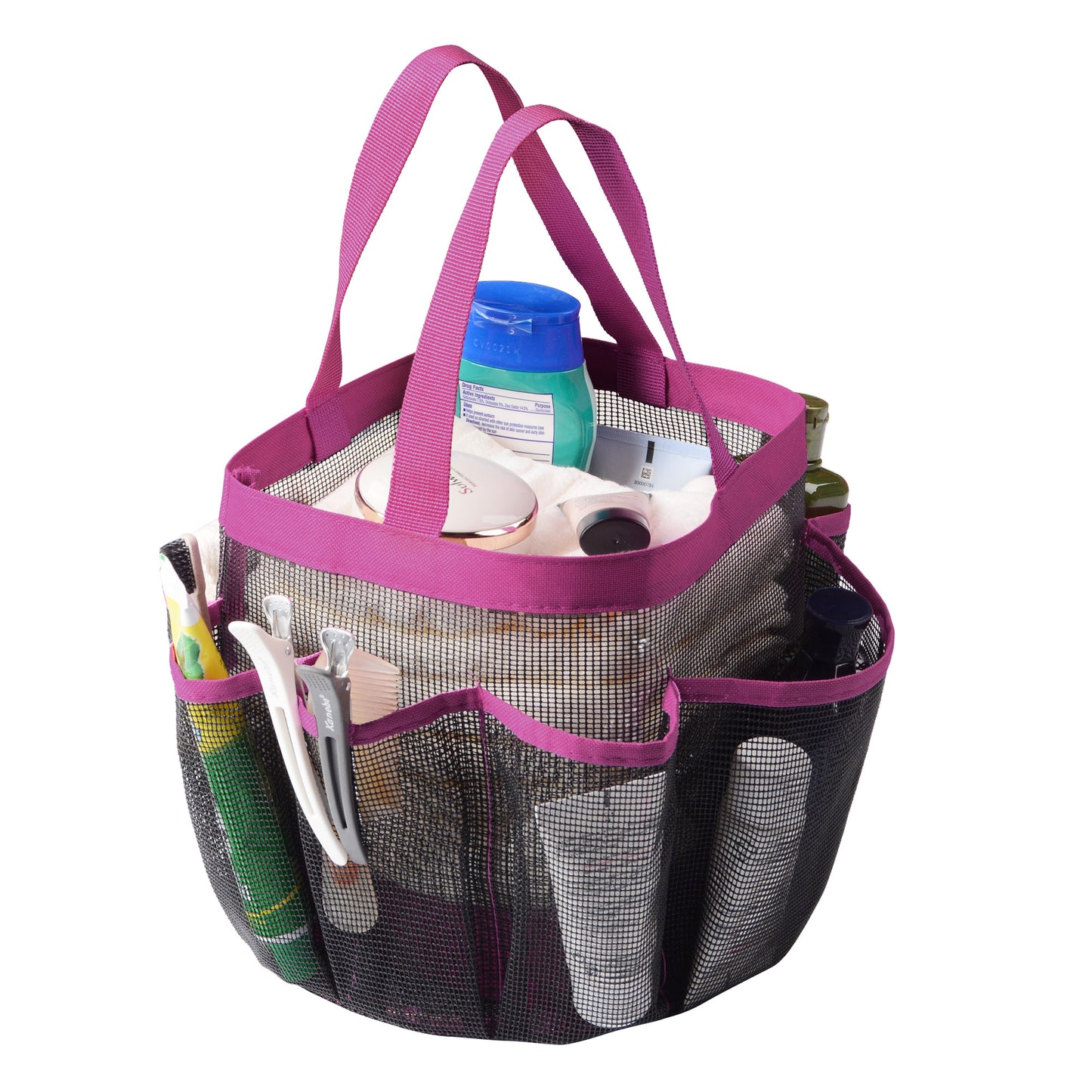 Mesh Shower Caddy with 8 Pockets, Quick Dry Shower Carry Tote, Bathroom Storage Bag, Pink
