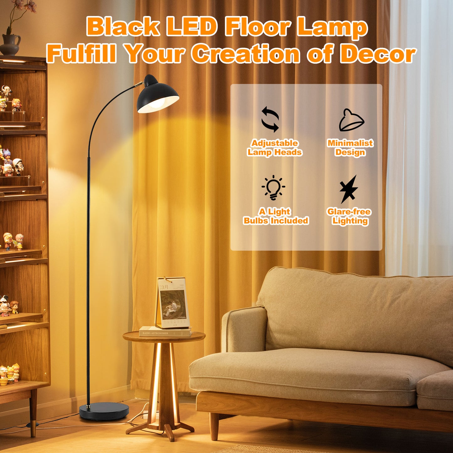 HAPPYLOST Floor Lamp for Living Room, Dimmable Standing Lamp with 2 Color Temperature, Industrial Floor Lamps, Modern Adjustable Gooseneck LED Reading Lamp(Bulbs Included)