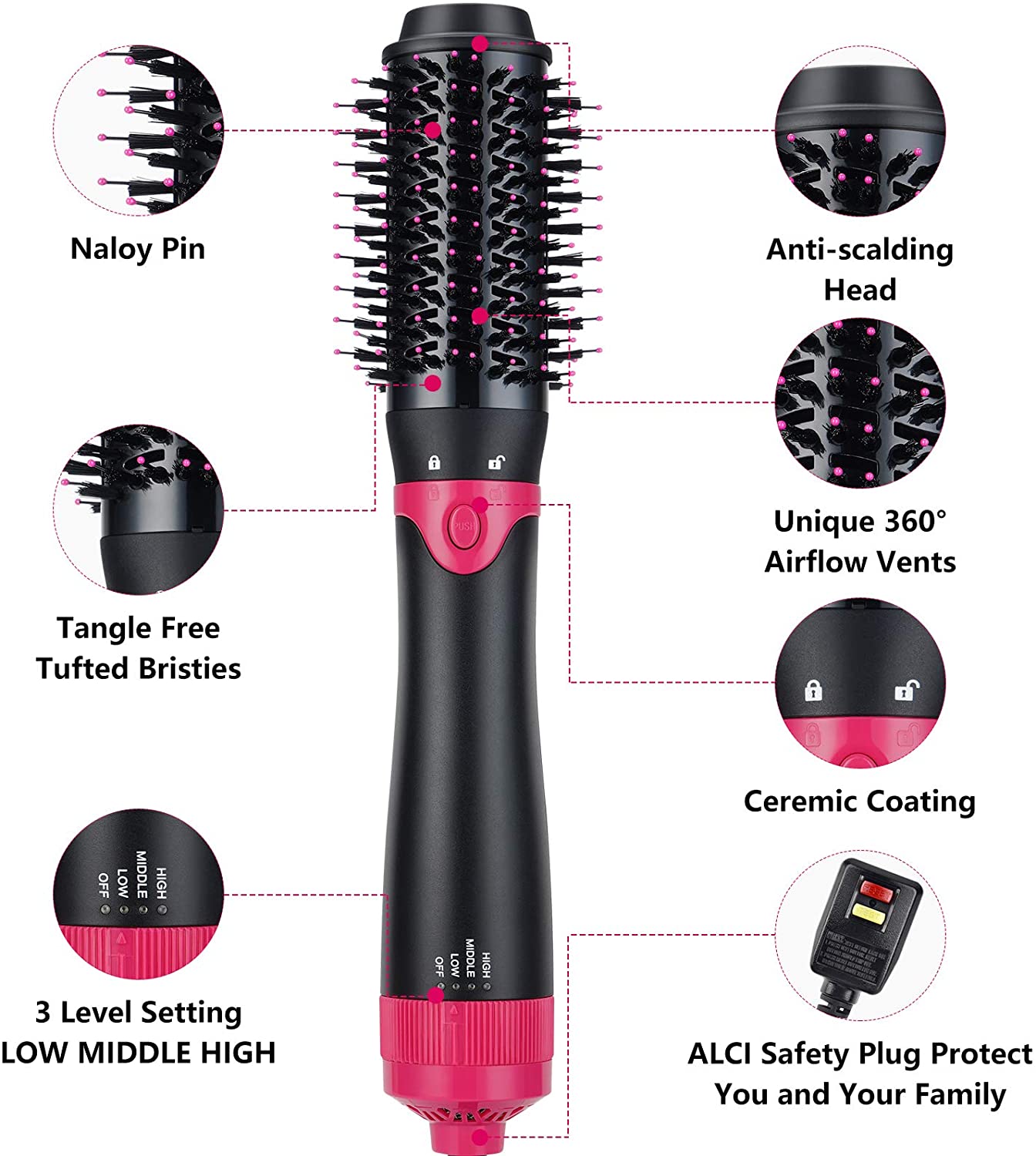 Hair Dryer Brush & Volumizer with Negative Ionic Technology, Detachable & Interchangeable Brush Head, Hot Air Brush for Curling, Straightening & Styling, Heat Protective Glove Included