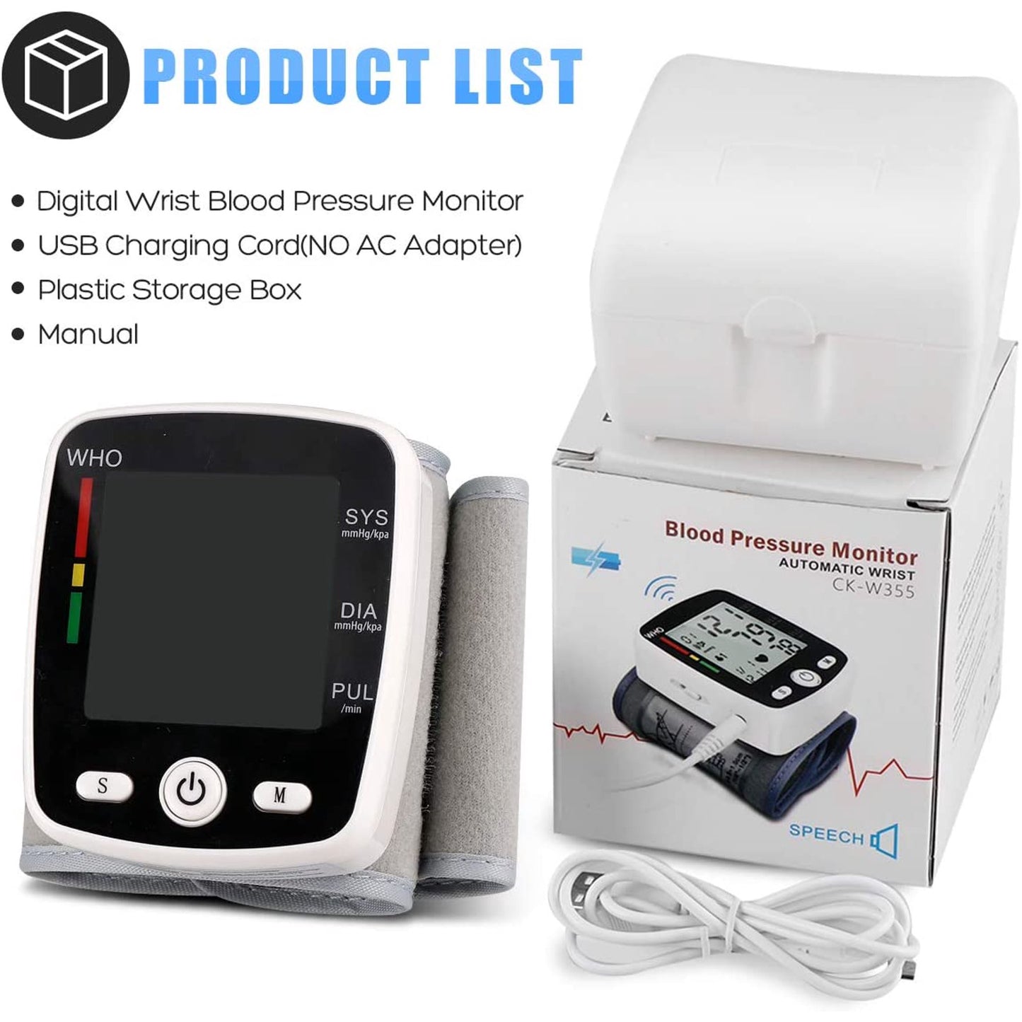 BDUN Blood Pressure Monitor, Wrist Blood Pressure Cuff Monitor with USB Charging, Automatic Digital BP Machine,Voice Broadcast, Large Display Screen