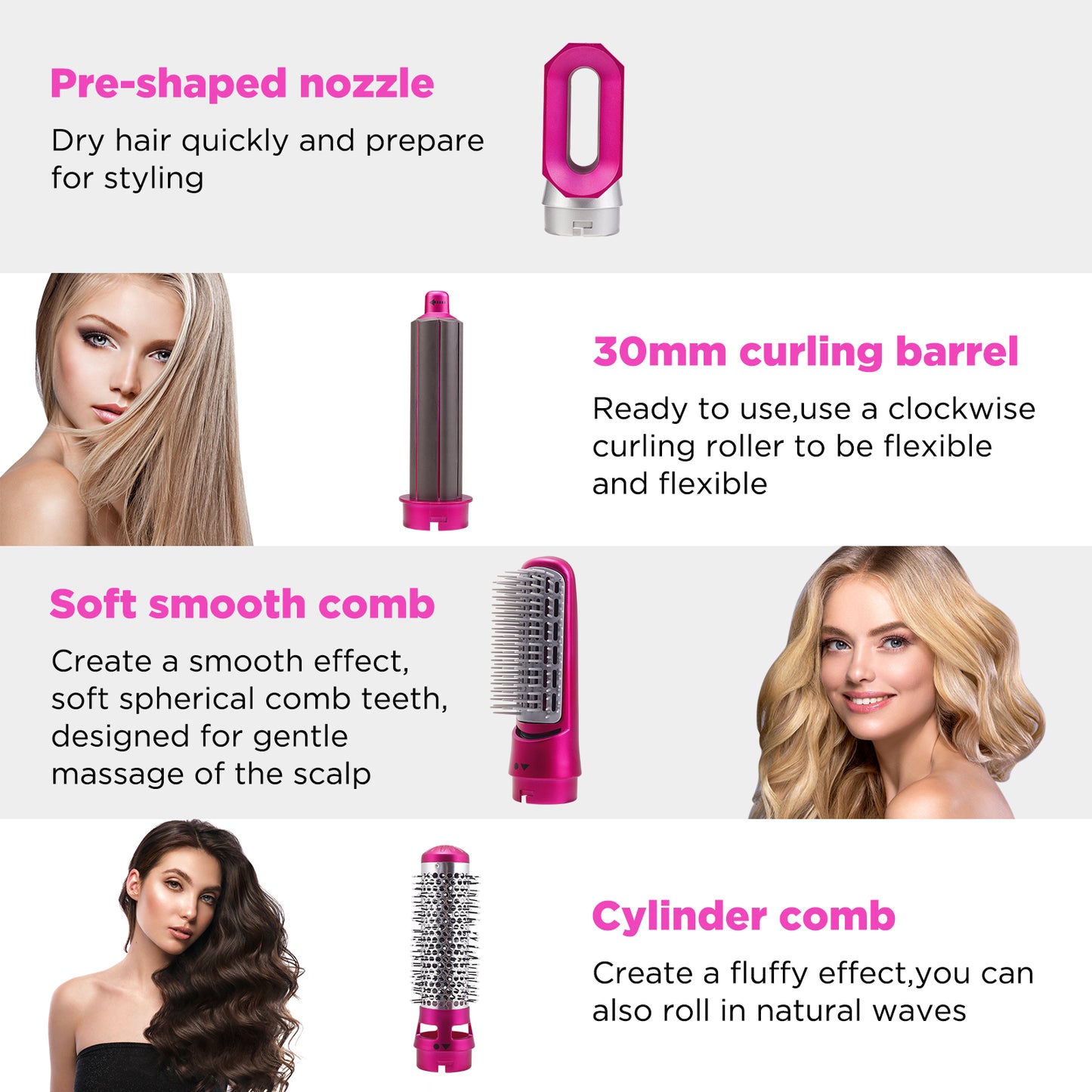 Elecsop 5 in 1 Detachable Hair Curler, Electric Hair Comb, Rotating Hot Air Brush, Suitable for All Hair Styles, Fuchsia