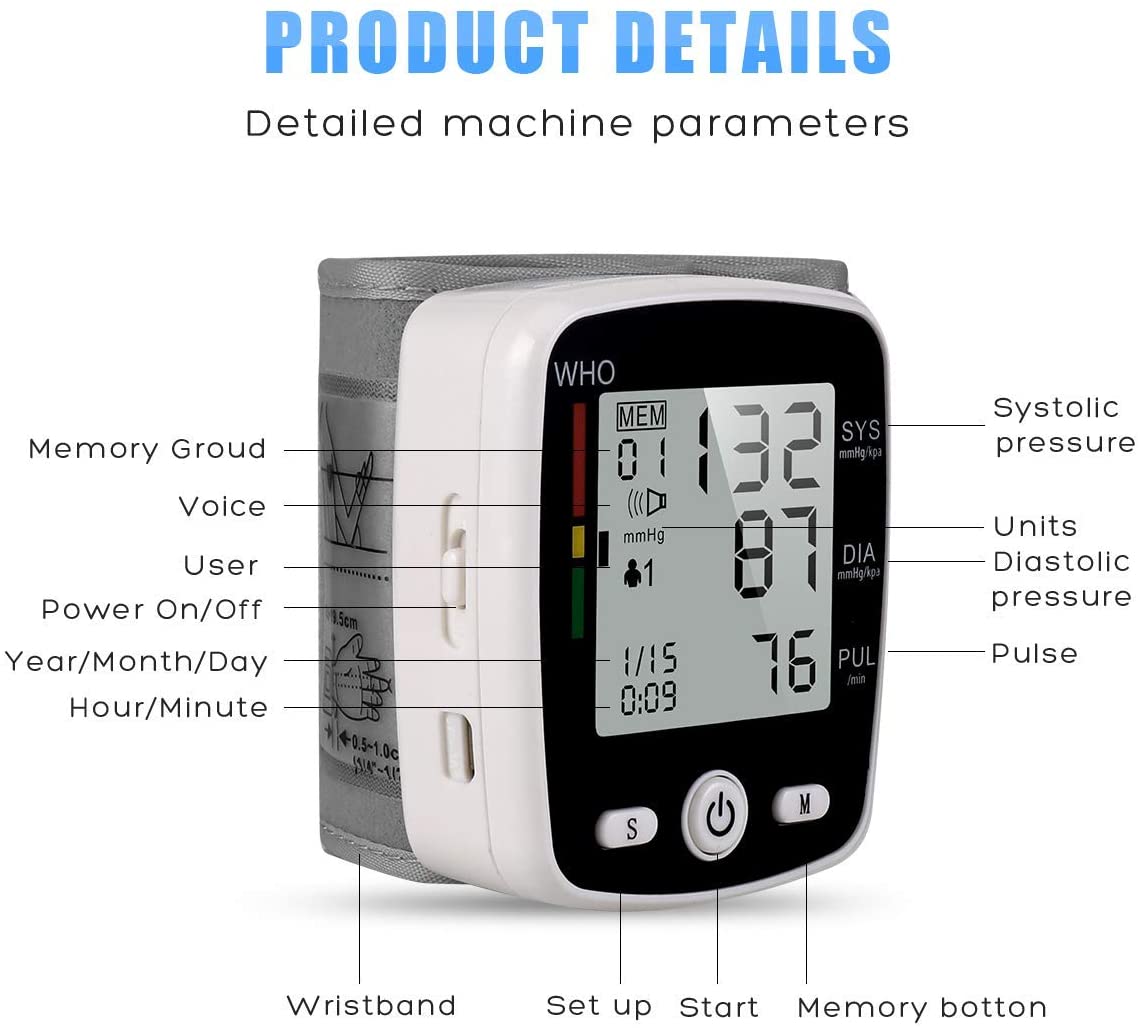 Blood Pressure Machine, Rechargeable Wrist Blood Pressure Monitor Sphygmomanomete, Accurate Blood Pressure Machine for Home Use