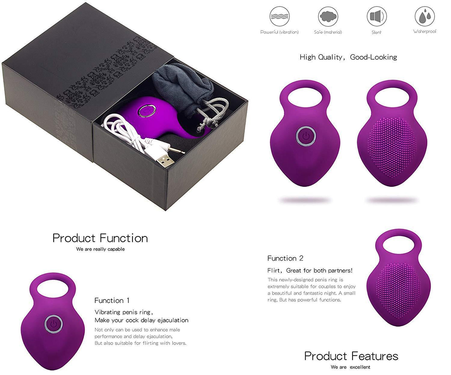 Vibrating Penis Ring for Men Couples Pleasure, Male Enhancing Sex Toy & Female Vibrators Adult Toy - Purple