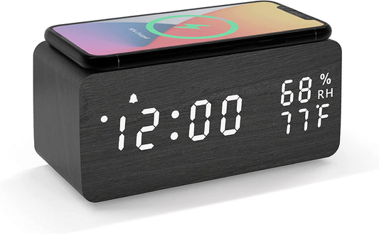 Alarm Clock, Wooden Digital Alarm Clock with Wireless Charging, 3 Alarms LED Display, Sound Control and Snooze Dual for Bedroom, Bedside, Office