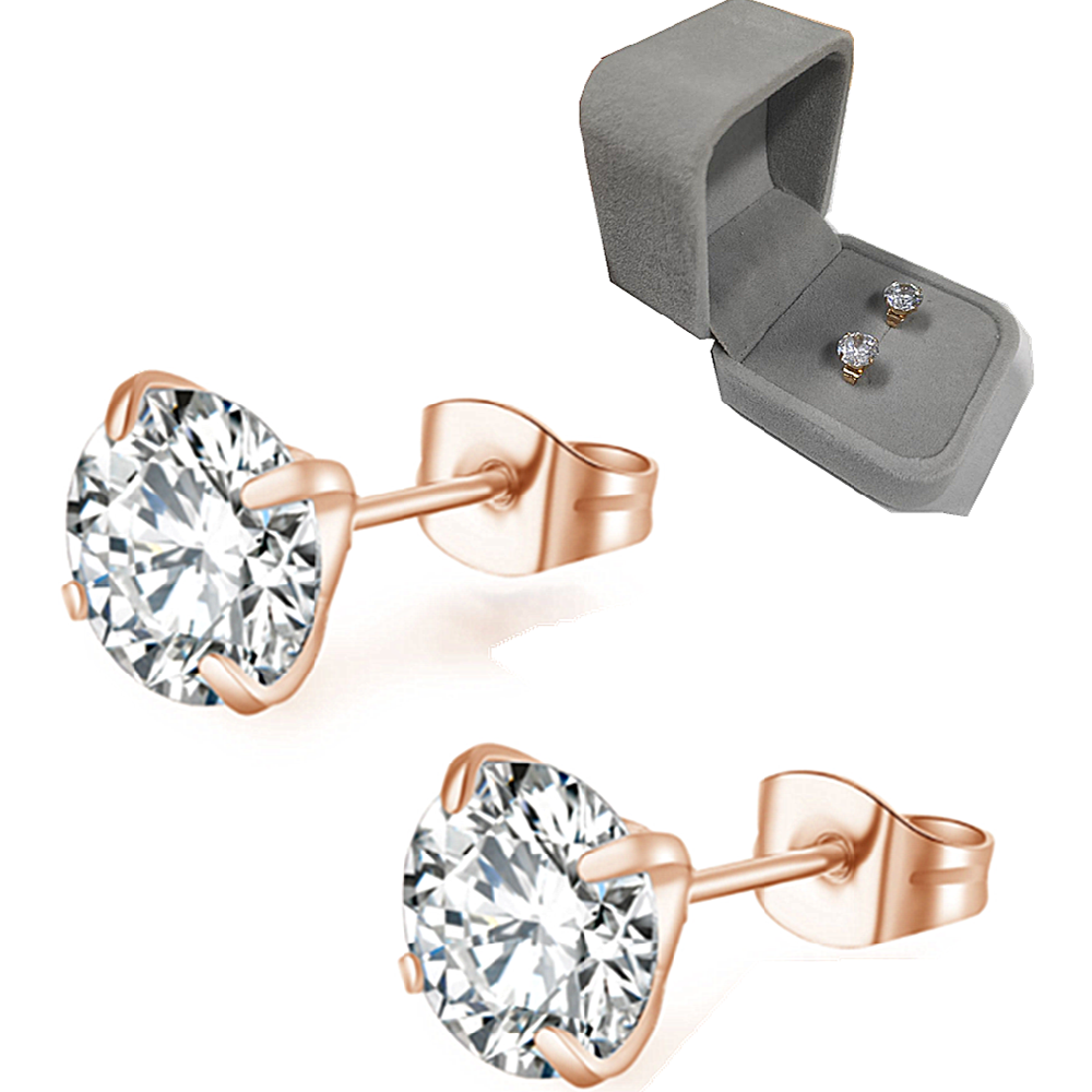 10K Rose Gold Earrings for Women Created White Sapphire Round Stud Earrings Plated for Women (8mm)