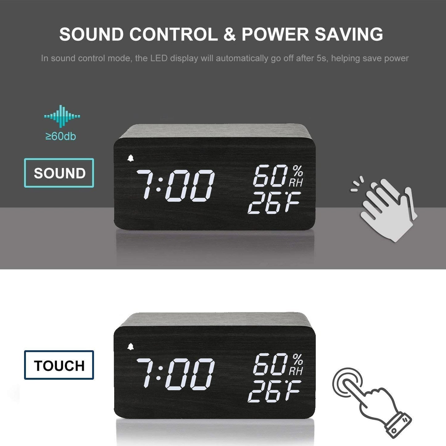 Alarm Clock, Wooden Digital Alarm Clock with Wireless Charging, 3 Alarms LED Display, Sound Control and Snooze Dual for Bedroom, Bedside, Office