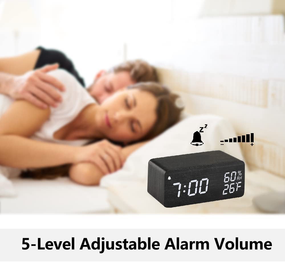 Alarm Clock, Wooden Digital Alarm Clock with Wireless Charging, 3 Alarms LED Display, Sound Control and Snooze Dual for Bedroom, Bedside, Office