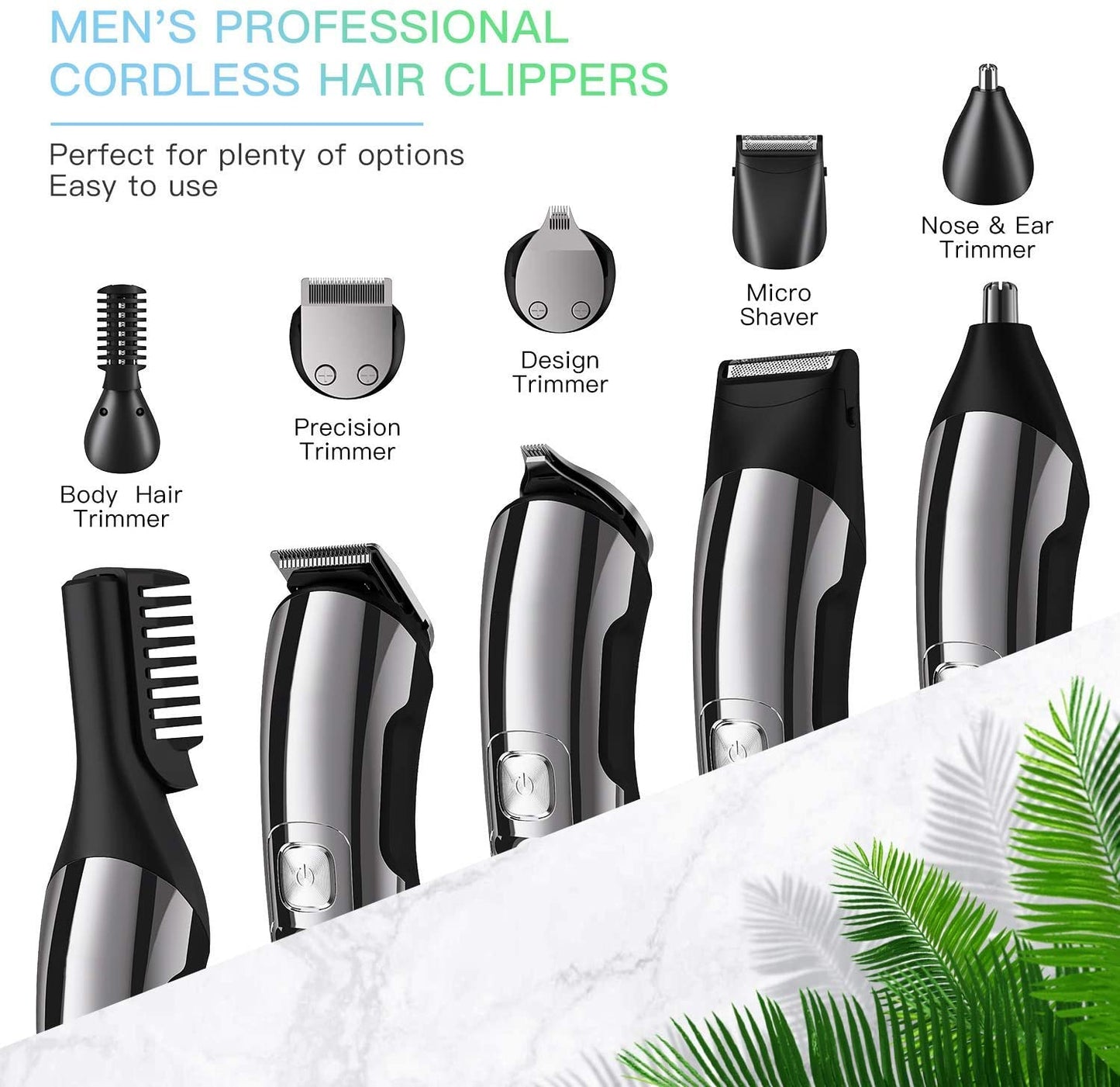 16 in 1 Hair Clippers, IPX7 Waterproof Hair Beard Trimmer USB Rechargeable Men's Cordless Haircut Groomer Kit w/2-Speed Adjustable, Barber Cape, Storage Stand for Face Nose Ear Home Travel Wet/Dry Use