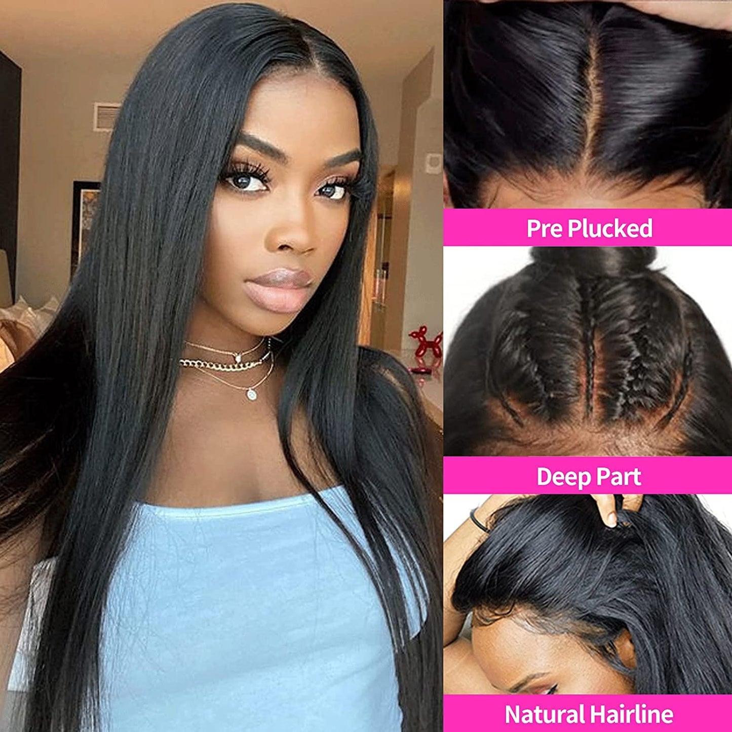 Straight Rose Net Wigs Human Hair -  26 Inch Natural Straight Brazilian Wig for Black Women 150% Density Glueless Synthetic Hair Black Wig for Daily, Party
