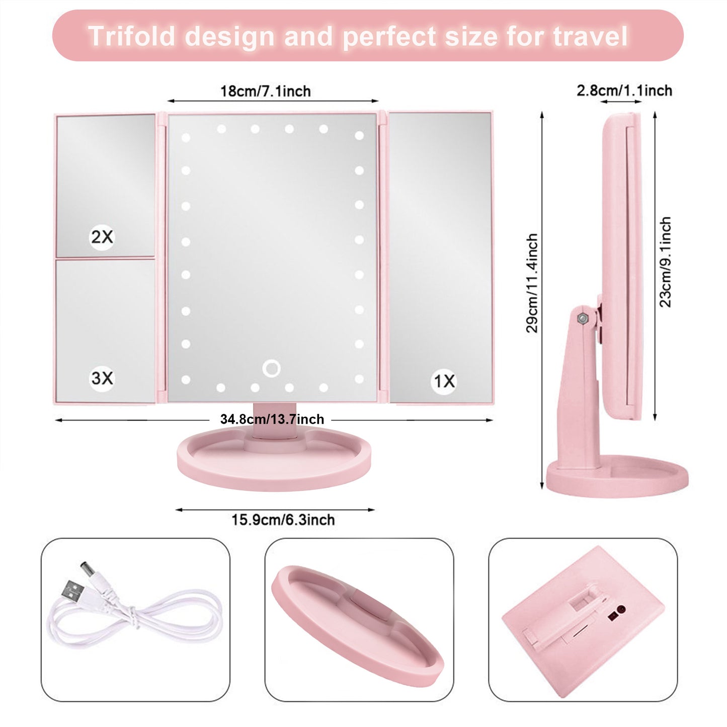 Elecsop Makeup Mirror with 22 LED Lights, Trifold Vanity Mirror with 3X/2X/1X Magnification, 180° Rotation Portable Mirrors for Travel(Pink)