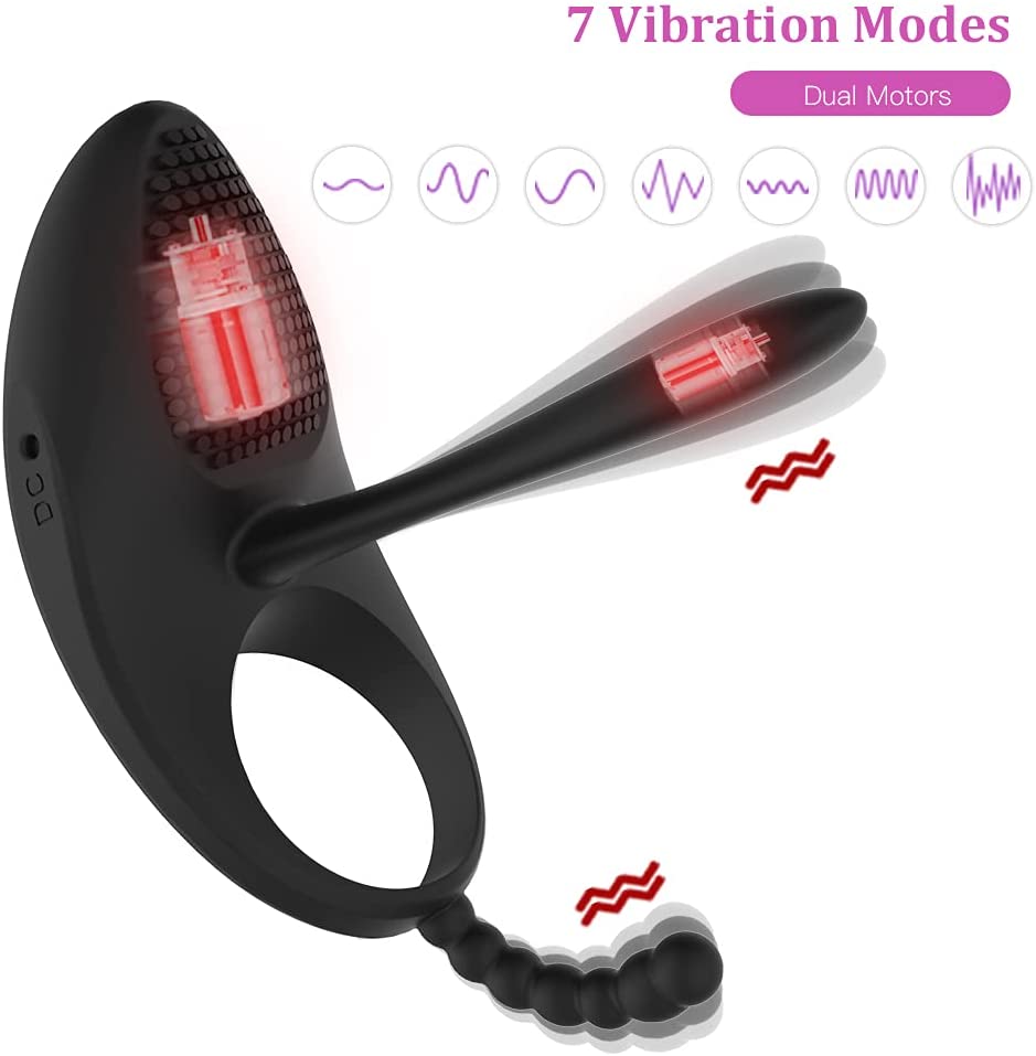 Vibrating Penis Ring with Tongue Clitoral Stimulator Raised Nodules Anal Beads with 7 Vibration Modes Dual Motors for Longer Harder Erection