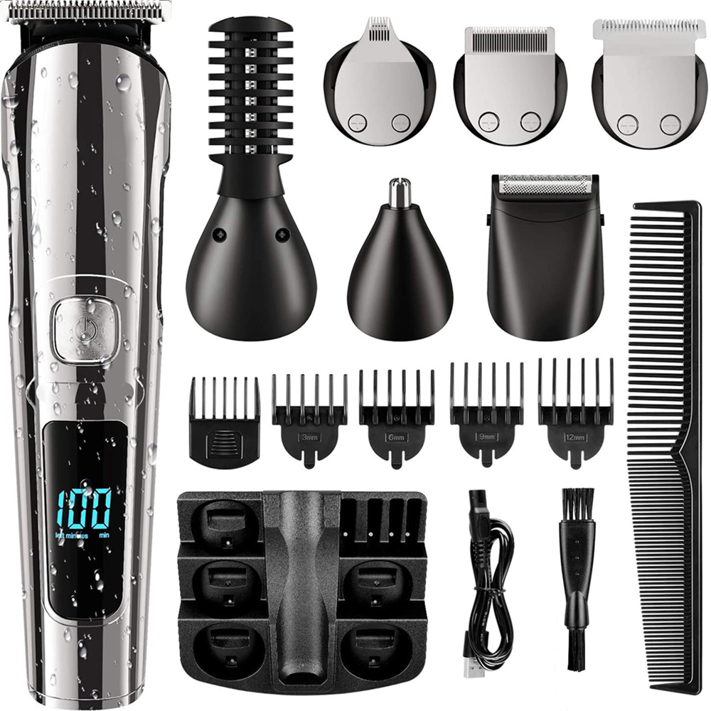 Hair Clipper for Men, 11 in 1 Grooming Kit IPX7 Waterproof Hair Beard Trimmer USB Rechargeable Cordless Haircut W/ 2-Speed Adjustable, Barber Cape, Storage Stand for Face Nose Ear Home Travel Wet/Dry