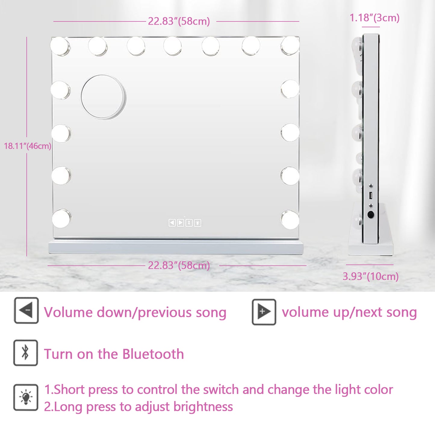 Vanity Mirror with Lights, Makeup Mirror with Bluetooth  and 10X Magnification, Hollywood Lighted Mirror with 15 Dimmable LED Bulbs for Dressing Room & Bedroom