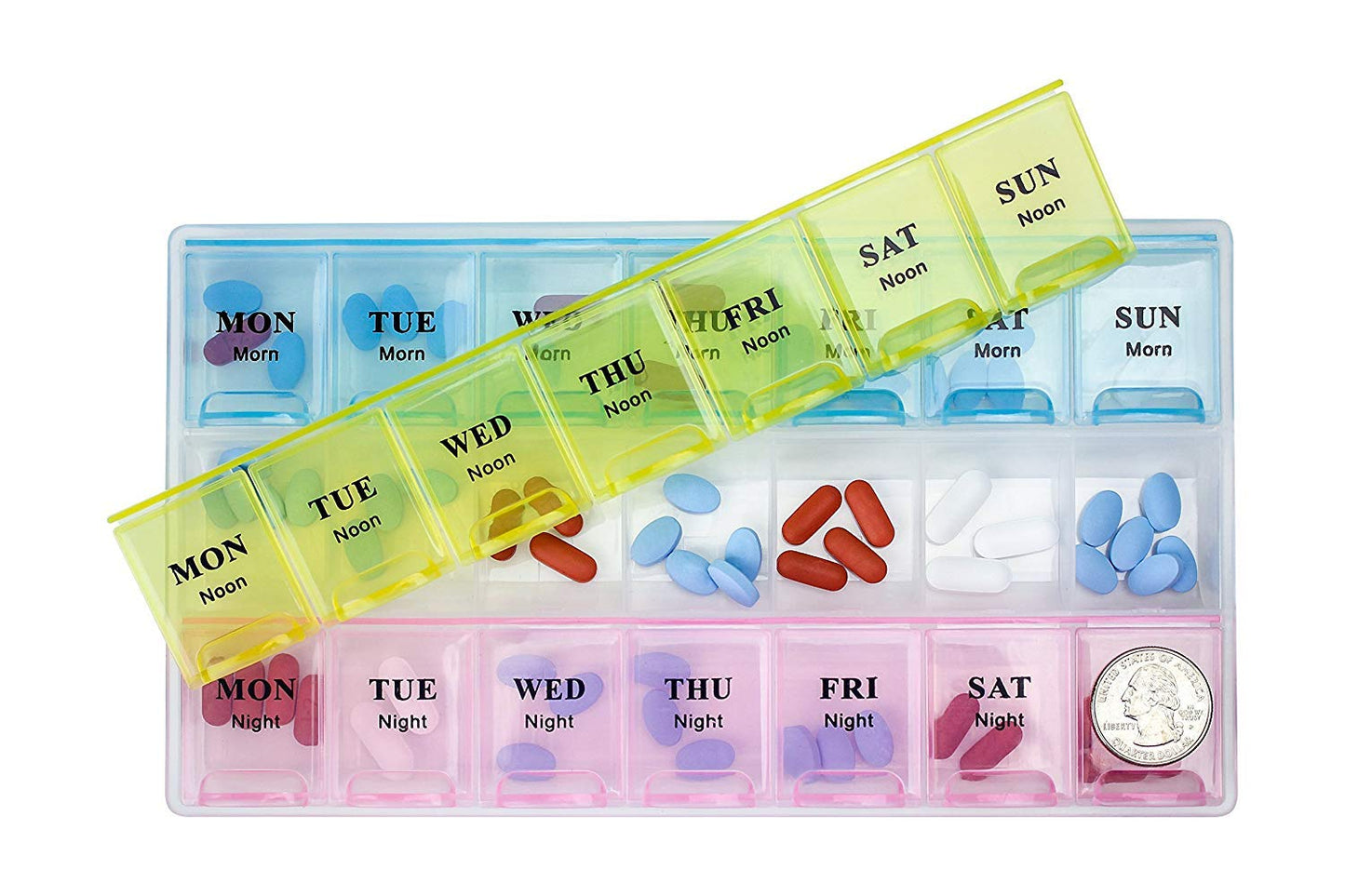 Weekly Pill Organizer, (Pack of 2) 21 Day Pill Planners for Pills Vitamins & Medication, 3 Times-a-Day Medication Reminder Boxes, Easy to Read & Travel Friendly