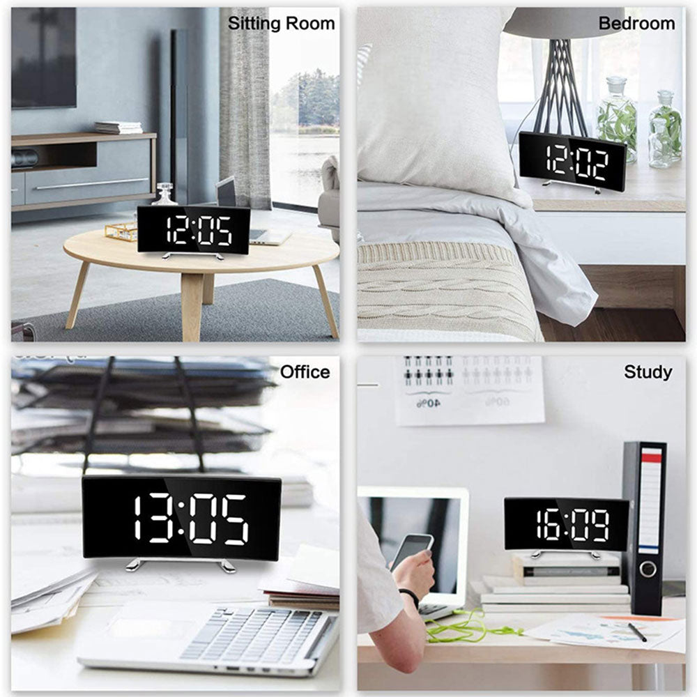 LED Alarm Clock, Bedside Silent Clock with Bracket Curved Electronic Desktop Clock with Large LED Screen Bedroom Table Clock for Bedroom Home Office Travel