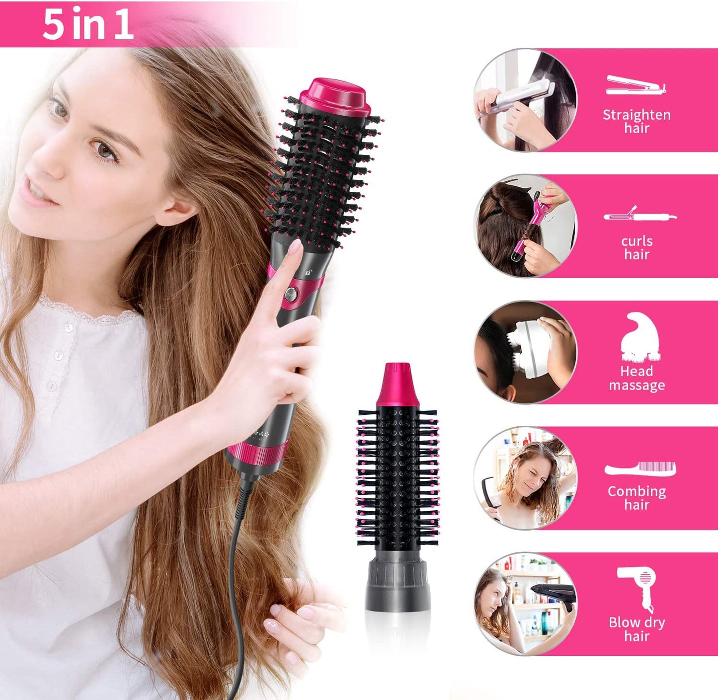 Hair Dryer Brush & Volumizer with Negative Ionic Technology, Detachable & Interchangeable Brush Head, Hot Air Brush for Curling, Straightening & Styling, Heat Protective Glove Included