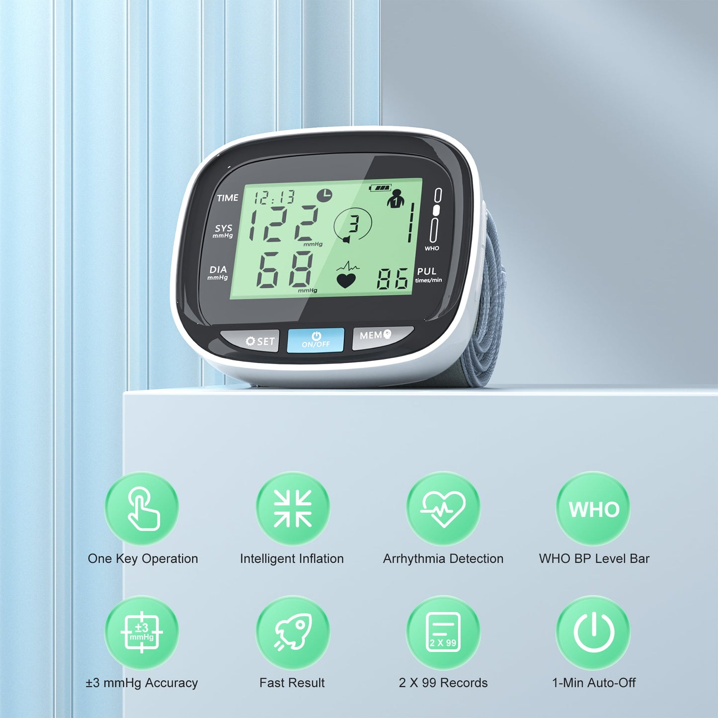 Blood Pressure Monitor, Wrist Blood Pressure Cuff with USB Charging, Home BP Monitor Cuff with Intelligent Voice & Irregular Heartbeat