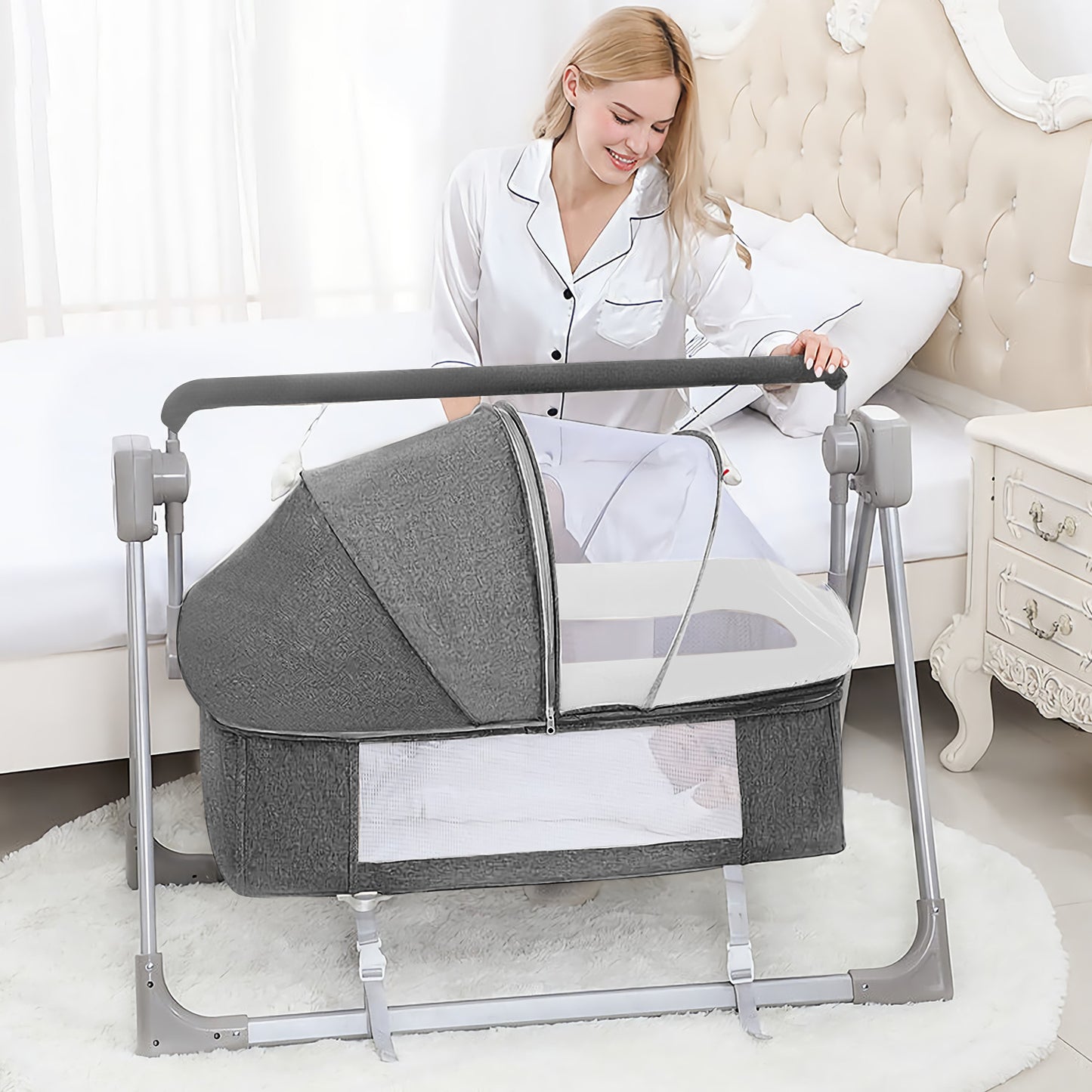 Baby Bassinet for Infants, Auto-Swing Bedside Sleeper One-Click Folding Toddler Bassinet with 5 Natural Sway Speeds & Bluetooth Music