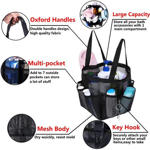 Mesh Shower Caddy with 8 Pockets, Quick Dry Shower Carry Tote, Bathroom Storage Bag, Pink