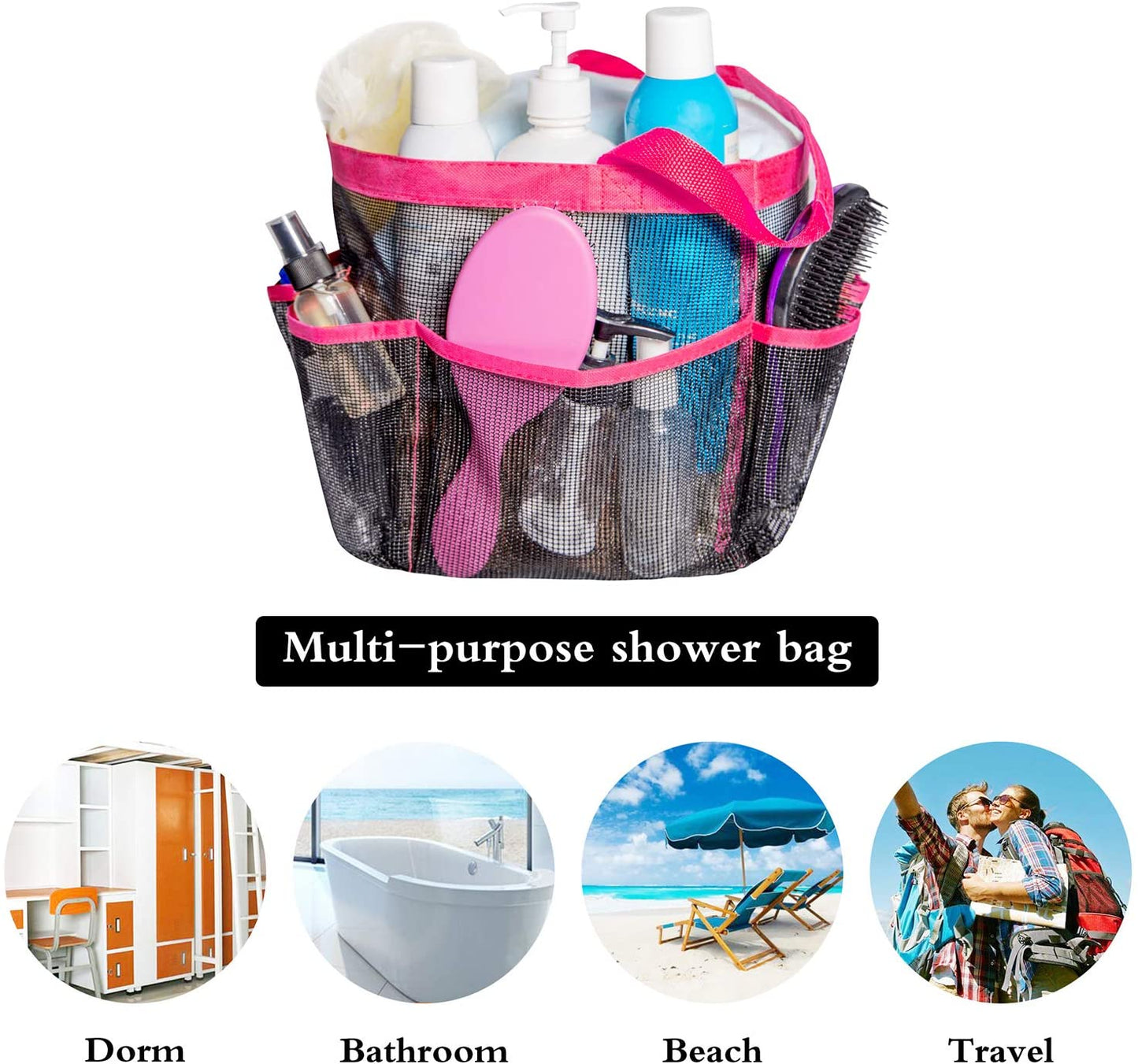 Packable Mesh Shower Bag Caddy [Quick Dry] Bathroom Carry Tote Toiletry and Bath Organizer for College Dorms, Gym, Camping, and Travel(Pink), Single Handle