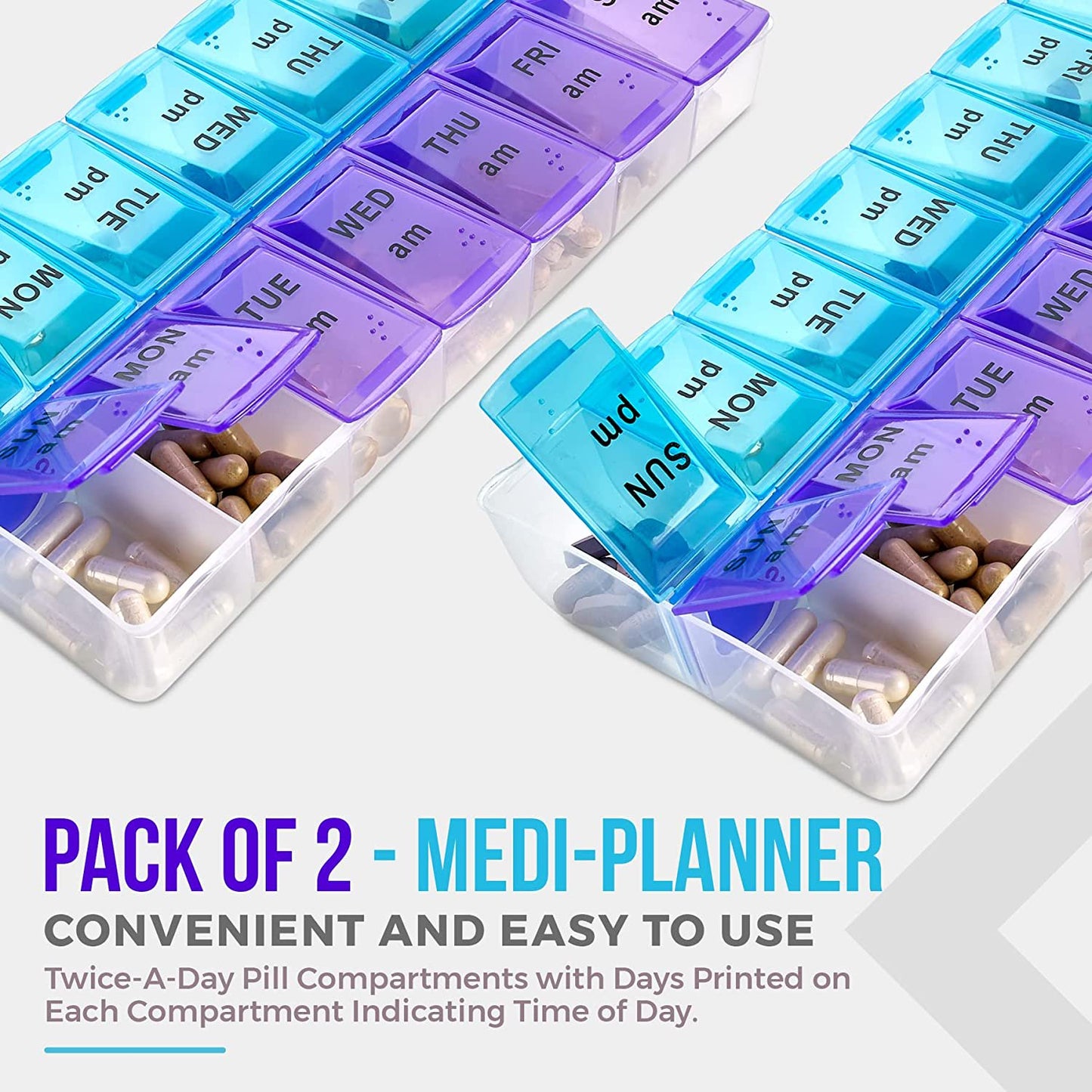2 Pack Travel Weekly (7-Day) AM/PM Pill Organizer, Twice-a-Day Pill Case, Pill Planners, Vitamins