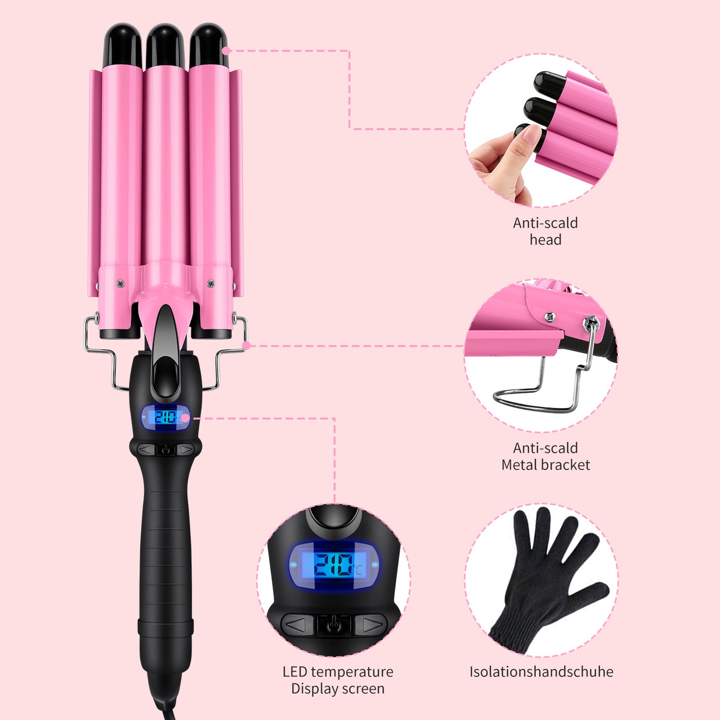 3 Barrel Curling Iron Wand with LCD Temperature Display - Hosey 1 Inch Ceramic Tourmaline Triple Barrels Hair Waver, Dual Voltage Hair Crimper (Pink)