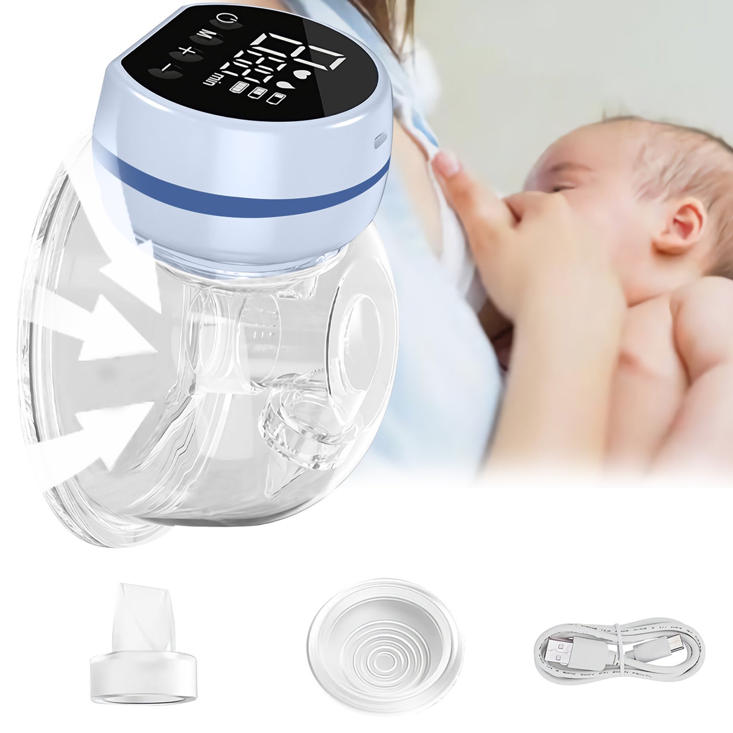 Yadala Gentle Painless Wearable Breast Pump, Smart Electric Breast Pump Portable Silicone Breastfeeding Breast Pump, Blue,24mm