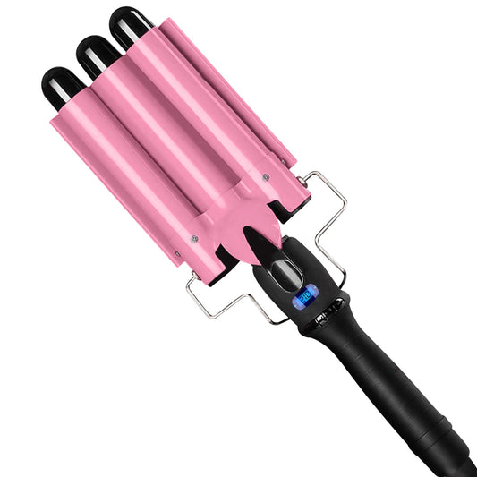 3 Barrel Curling Iron Wand with LCD Temperature Display - Hosey 1 Inch Ceramic Tourmaline Triple Barrels Hair Waver, Dual Voltage Hair Crimper (Pink)