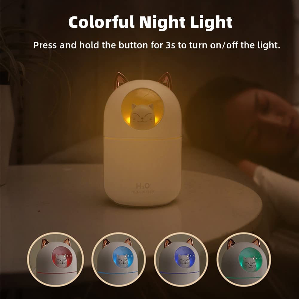 Small Humidifiers for Bedroom - 300ml Mini Cute Cool Mist Humidifiers with Colorful Night Light, 2 Spray Modes, Ultra-Quiet, Portable Personal Air Humidifier for Kids Baby Room Office Desk