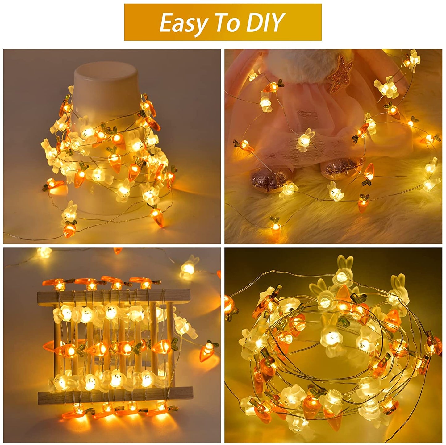 Happylost17 Easter Decorations 20LEDs Bunny Carrot LED String Lights Battery Operated, Easter Decor Spring Rabbit Fairy Lights, Always Bright, Warm Yellow