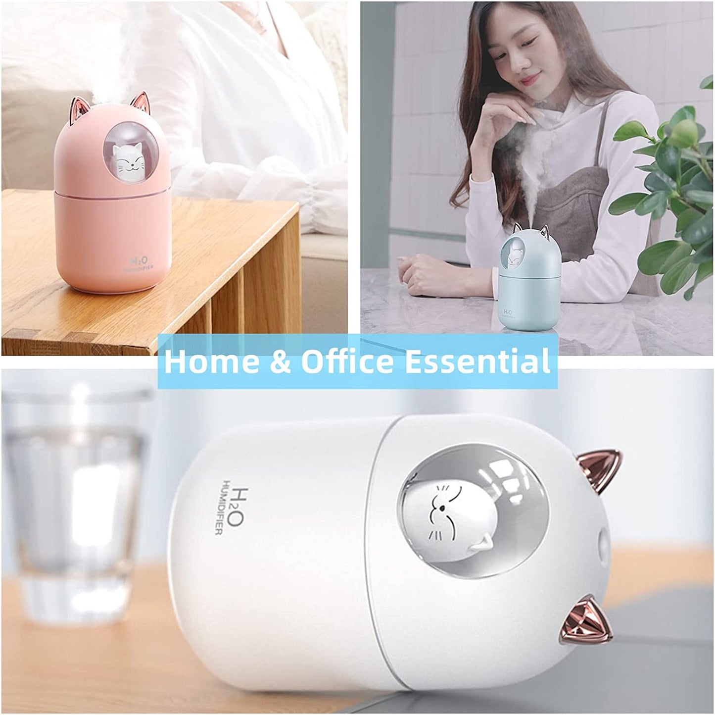 Small Humidifiers for Bedroom - 300ml Mini Cute Cool Mist Humidifiers with Colorful Night Light, 2 Spray Modes, Ultra-Quiet, Portable Personal Air Humidifier for Kids Baby Room Office Desk