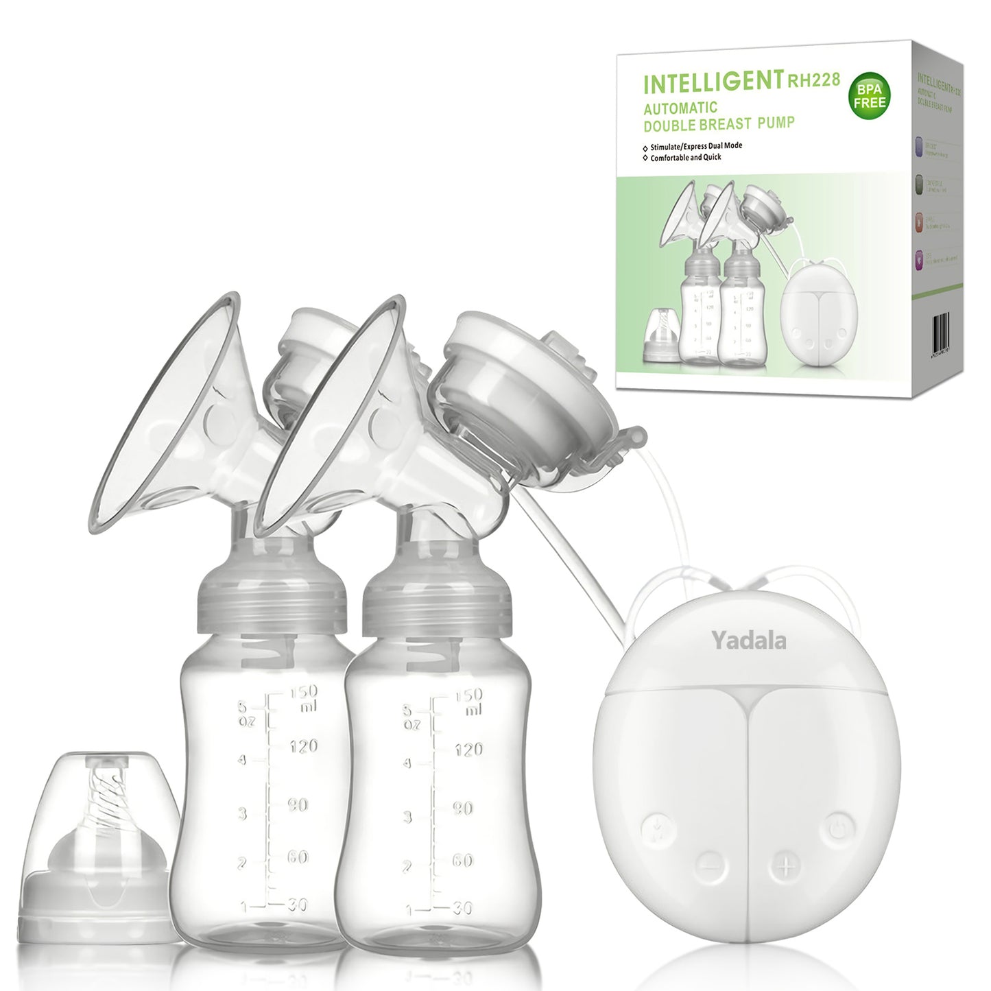 Double Breast Pump Silent Electric Portable Yadala Breast Pump with 2 Modes 4 Adjustments 150ml Milk Storage Bottle with Lid and Nipple