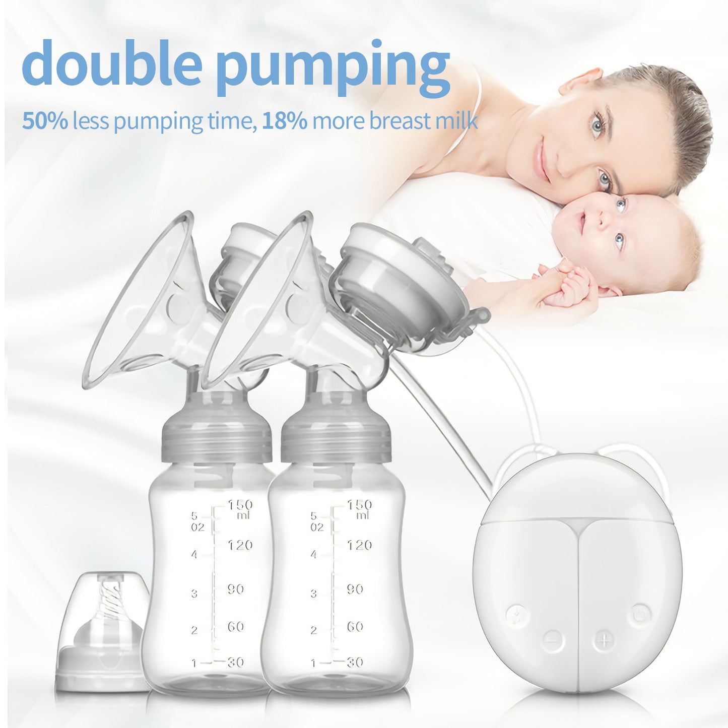 Double Breast Pump Silent Electric Portable Yadala Breast Pump with 2 Modes 4 Adjustments 150ml Milk Storage Bottle with Lid and Nipple