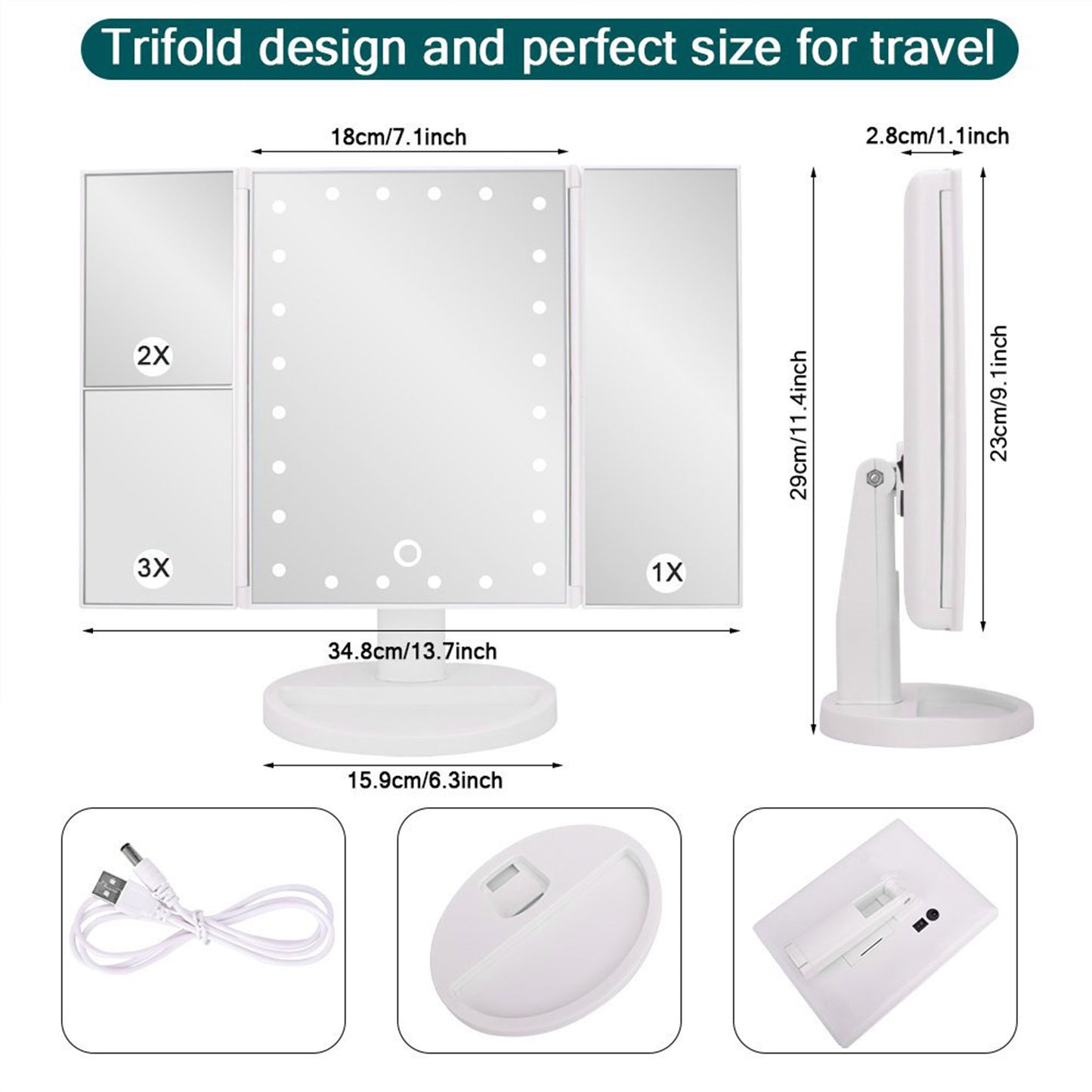 Elecsop Makeup Mirror Vanity Mirror with 22 LED Lights, Touch Screen 3X/2X/1X Magnification, Lighted Makeup Mirror, Trifold Makeup Mirror(White)