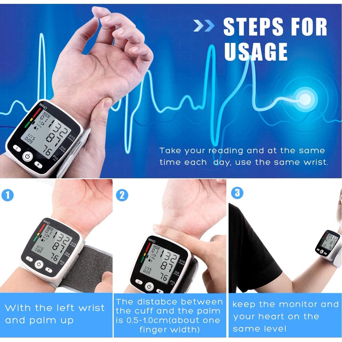 BDUN Blood Pressure Monitor, Wrist Blood Pressure Cuff Monitor with USB Charging, Automatic Digital BP Machine,Voice Broadcast, Large Display Screen