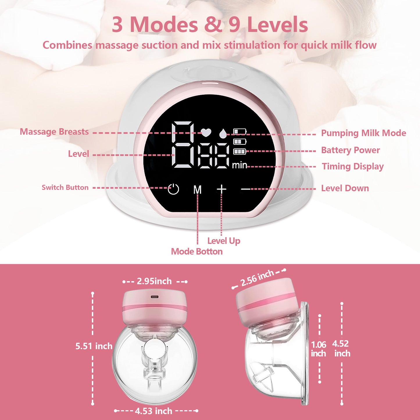 Wearable Breast Pump, Yadala Electric Breast Pump, Hands Free & Low Noise Portable Breast Pump with 3 Modes, 9 Levels