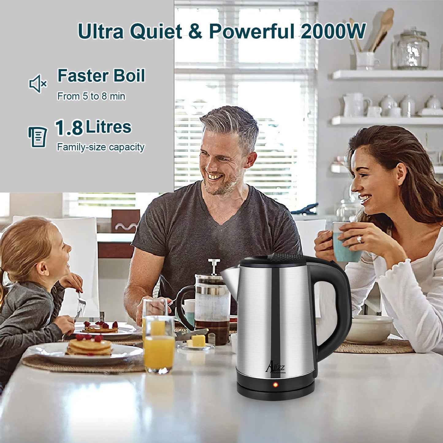 Electric Kettle Water Boiler for Tea Coffee Stainless Steel 1.8L Large Cordless Hot Water Pot BPA Free with Auto Shut-Off Boil-Dry Protection LED Light 2000W