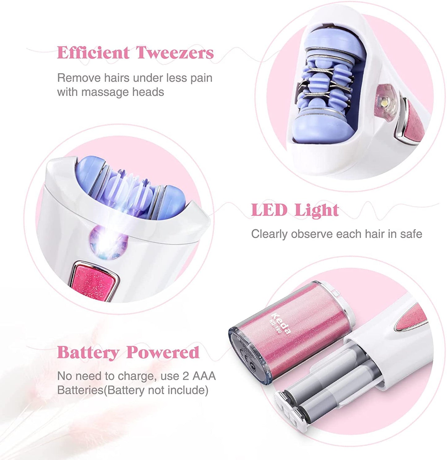 Centerel Epilator for Women, Smooth Glide Epilator with LED, Cordless Electric Tweezers for Face Legs Bikini