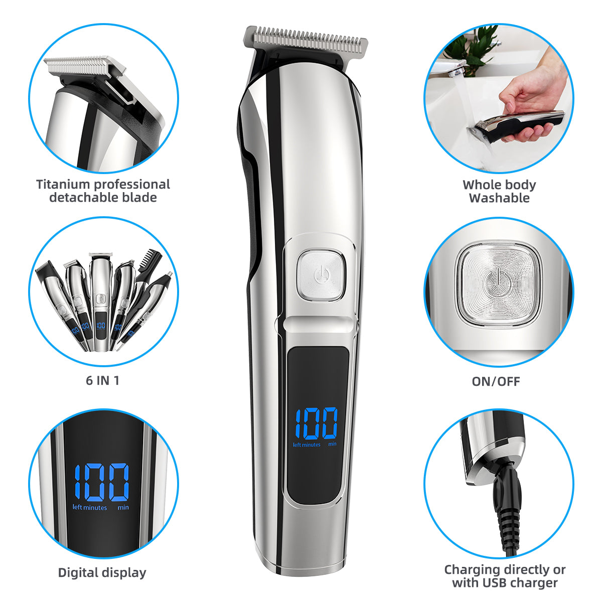 16 in 1 Hair Clippers, IPX7 Waterproof Hair Beard Trimmer USB Rechargeable Men's Cordless Haircut Groomer Kit w/2-Speed Adjustable, Barber Cape, Storage Stand for Face Nose Ear Home Travel Wet/Dry Use