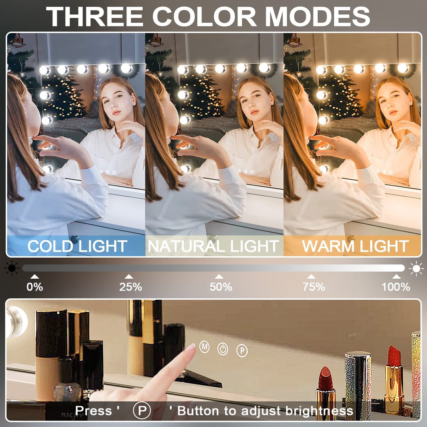 Vanity Mirror with Lights, Makeup Mirror with Lights, Hollywood Lighted Mirror with 15 Dimmable LED Bulbs, 3 Colors Modes, Touch Control, USB Charging Port, Metal Frame, White