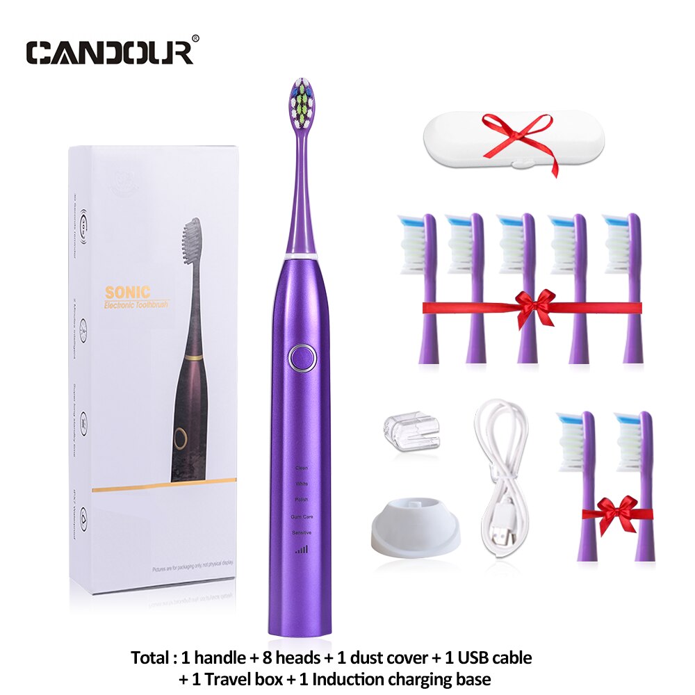 CANDOUR CD-5168 Sonic Electric Toothbrush Rechargeable Toothbrush IPX8 Waterproof 15 Mode USB Charger Replacement Heads Set