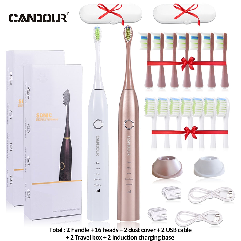 CANDOUR CD-5168 Sonic Electric Toothbrush Rechargeable Toothbrush IPX8 Waterproof 15 Mode USB Charger Replacement Heads Set