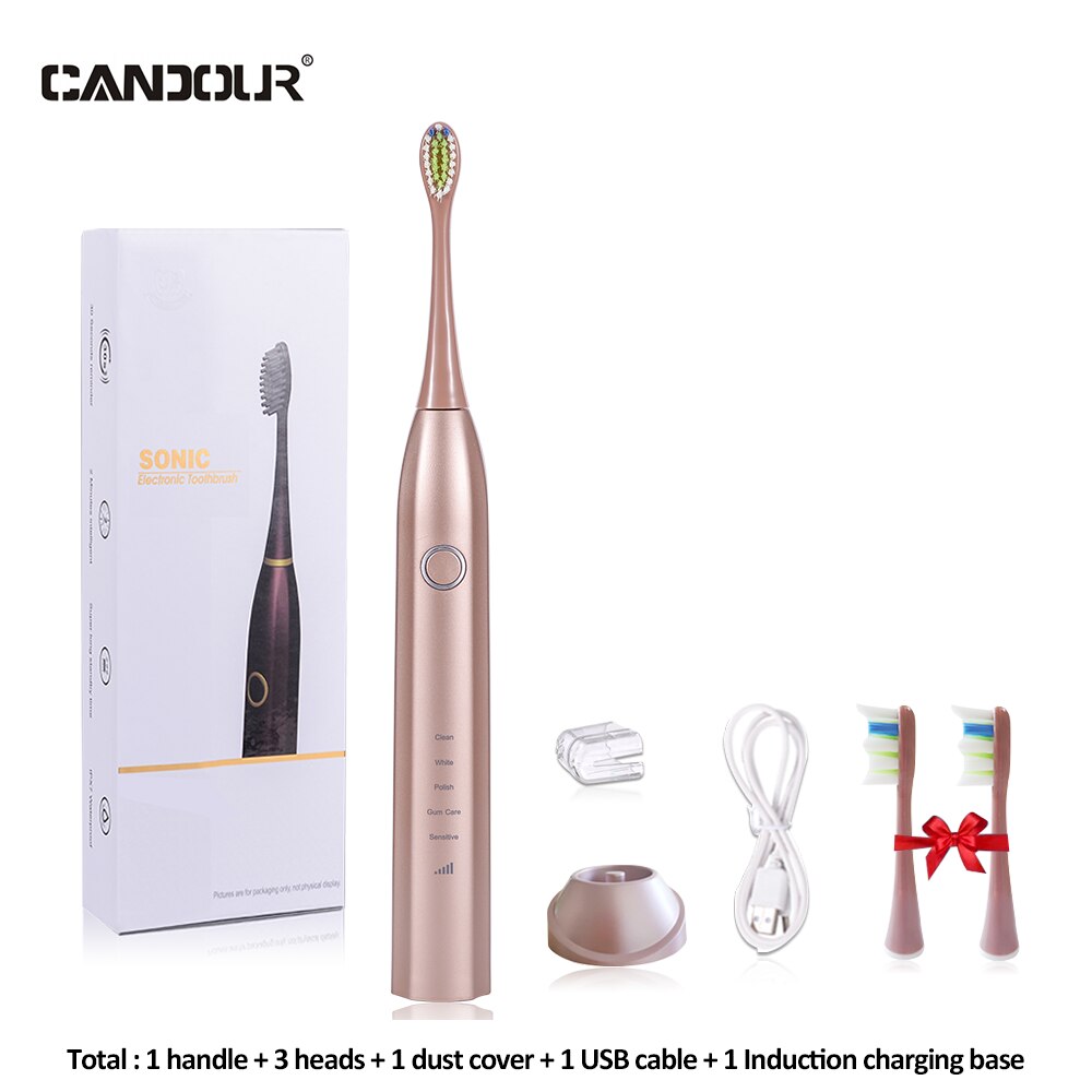 CANDOUR CD-5168 Sonic Electric Toothbrush Rechargeable Toothbrush IPX8 Waterproof 15 Mode USB Charger Replacement Heads Set