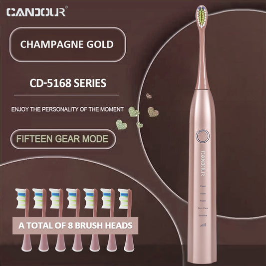 CANDOUR CD-5168 Sonic Electric Toothbrush Rechargeable Toothbrush IPX8 Waterproof 15 Mode USB Charger Replacement Heads Set