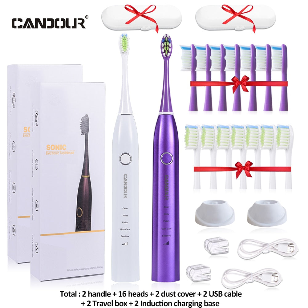 CANDOUR CD-5168 Sonic Electric Toothbrush Rechargeable Toothbrush IPX8 Waterproof 15 Mode USB Charger Replacement Heads Set