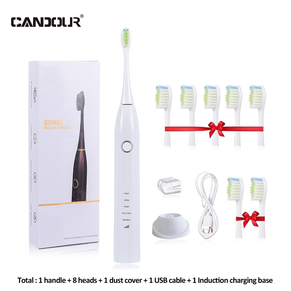 CANDOUR CD-5168 Sonic Electric Toothbrush Rechargeable Toothbrush IPX8 Waterproof 15 Mode USB Charger Replacement Heads Set