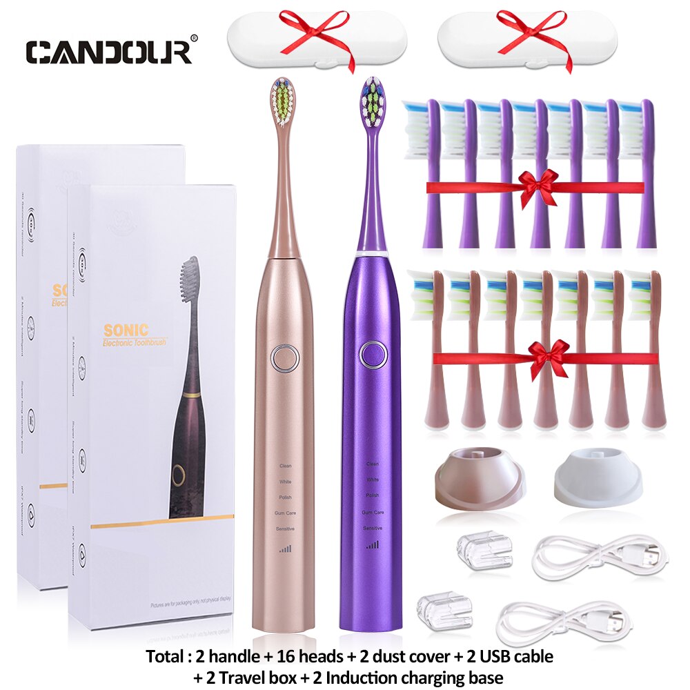 CANDOUR CD-5168 Sonic Electric Toothbrush Rechargeable Toothbrush IPX8 Waterproof 15 Mode USB Charger Replacement Heads Set